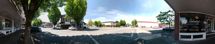 360 degrees panorama of downtown Corvallis, OR, USA on 2nd street